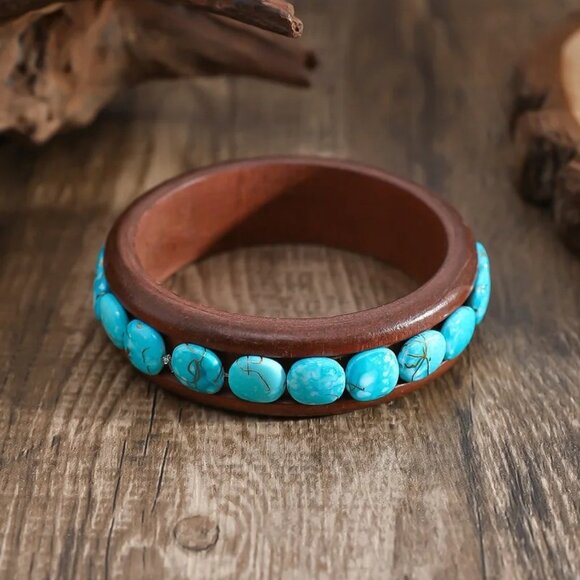 Western Style Blue Turquoise Wood Bangle Bracelet Southwest Accessory - Picture 2 of 2